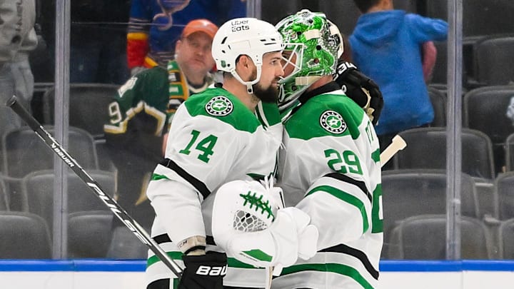 Jan 27, 2026; St. Louis, Missouri, USA; Dallas Stars goaltender Jake Oettinger (29) celebrates with left wing Jamie Benn (14) after the Stars defeated the St. Louis Blues at Enterprise Center. Mandatory Credit: Jeff Curry-Imagn Images