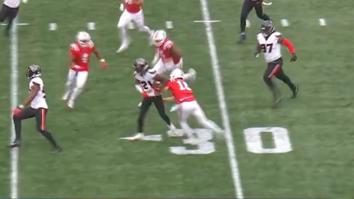 Drake Maye made his first tackle on Sunday.