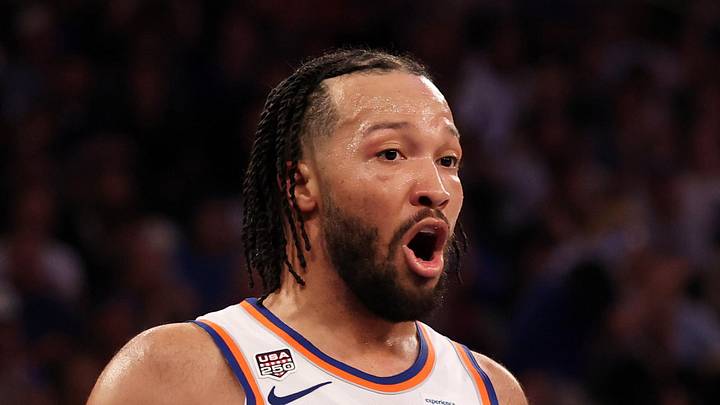 Jun 8, 2026; New York, New York, USA; New York Knicks guard Jalen Brunson (11) reacts to a foul called by referee Marc Davis (8) in the third quarter during game three of the 2026 NBA Finals against the San Antonio Spurs at Madison Square Garden. Mandatory Credit: Geoff Burke-Imagn Images