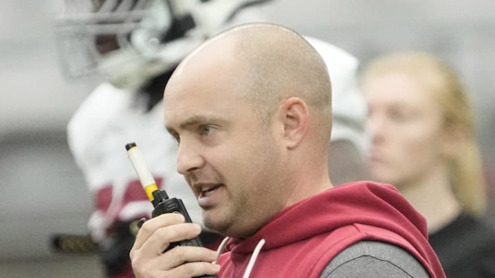 Arizona Cardinals offensive coordinator Drew Petzing calls a play during training camp at State Farm Stadium in Glendale, Arizona, on July 28, 2025.