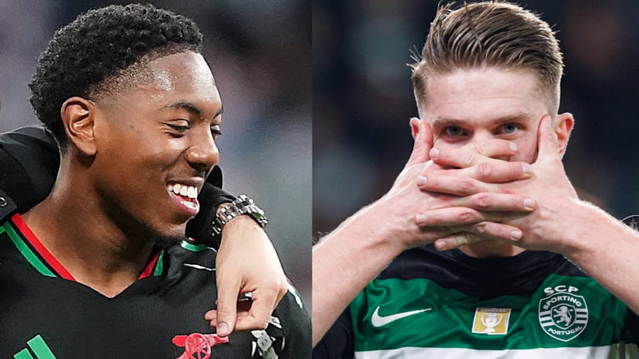 Myles Lewis-Skelly (left) was every Arsenal fan when they heard about a breakthrough for Viktor Gyökeres (right). | IMAGO/PsnewZ, Maciej Rogowski