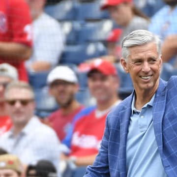Aug 18, 2024; Philadelphia, Pennsylvania, USA; Former Philadelphia Phillies president Dave Dombrowski during Phillies Alumni Weekend and the 20th anniversary of Citizens Bank Park before game against the Washington Nationals at Citizens Bank Park. 
