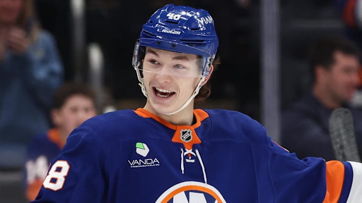 Jan 31, 2026; Elmont, New York, USA; New York Islanders defenseman Matthew Schaefer (48) celebrates after scoring a goal in the first period against the Nashville Predators at UBS Arena. Mandatory Credit: Wendell Cruz-Imagn Images