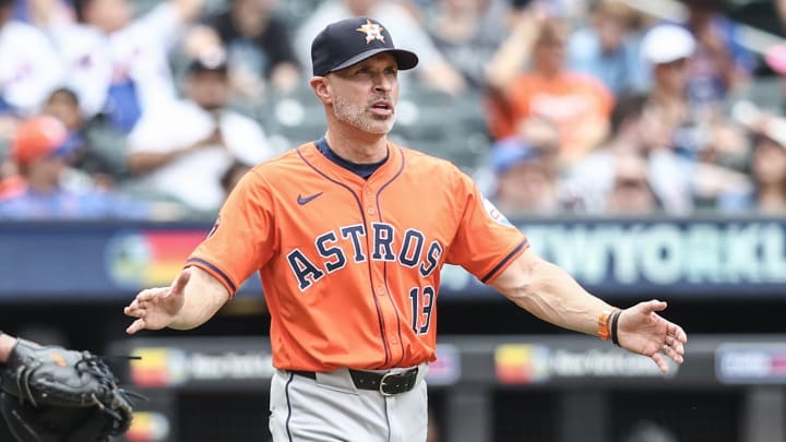Jun 30, 2024; New York City, New York, USA;  Houston Astros manager Joe Espada (19) comes out to make a pitching change in the fourth inning against the New York Mets at Citi Field. Mandatory Credit: Wendell Cruz-USA TODAY Sports