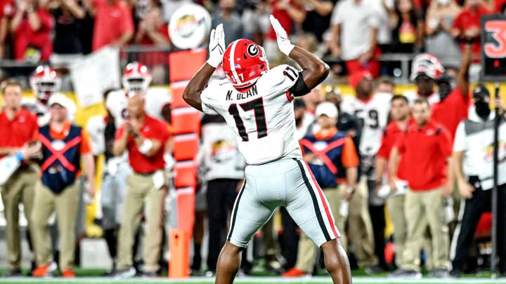 Sep 4, 2021; Charlotte, North Carolina, USA; Georgia Bulldogs linebacker Nakobe Dean (17) celebrates during the first quarter against the Clemson Tigers at Bank of America Stadium. Mandatory Credit: Griffin Zetterberg-USA TODAY Sports