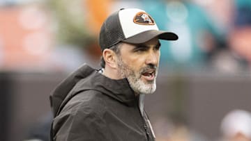 Dec 29, 2024; Cleveland, Ohio, USA; Cleveland Browns head coach Kevin Stefanski yells out during warm ups before the game against the Miami Dolphins at Huntington Bank Field. Mandatory Credit: Scott Galvin-Imagn Images