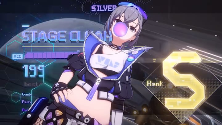 Honkai: Star Rail screenshot of Silver Wolf blowing a gum bubble.