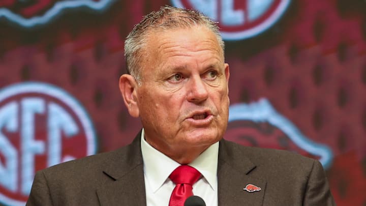 Arkansas Razorbacks coach Sam Pittman talks to the media during the SEC Media Days at Omni Atlanta Hotel. Arkansas Razorbacks coach Sam Pittman talks to the media during the SEC Media Days at Omni Atlanta Hotel.