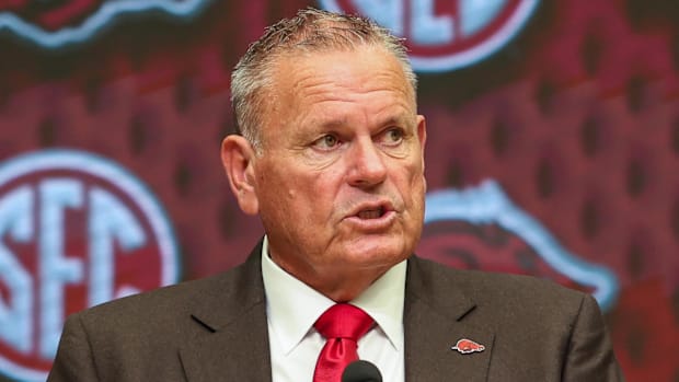 Arkansas Razorbacks coach Sam Pittman speaks at 2025 SEC Media Days