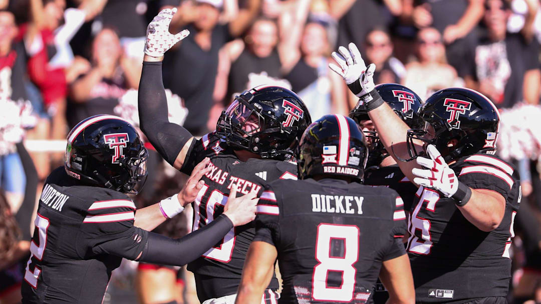 Texas Tech's Jacob Rodriguez celebrates his rushing touchdowns with teammates during a Big 12 Conference football game, Saturday, Nov. 15, 2025, at Jones AT&T Stadium. Texas Tech's Jacob Rodriguez celebrates his rushing touchdowns with teammates during a Big 12 Conference football game, Saturday, Nov. 15, 2025, at Jones AT&T Stadium.
