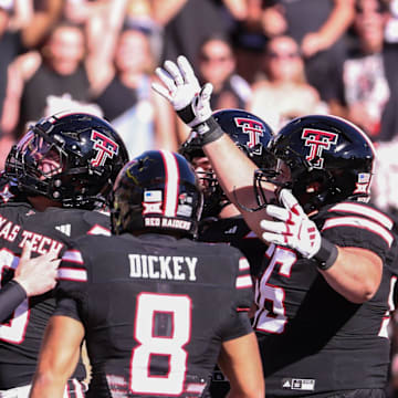Texas Tech's Jacob Rodriguez celebrates his rushing touchdowns with teammates during a Big 12 Conference football game, Saturday, Nov. 15, 2025, at Jones AT&T Stadium.