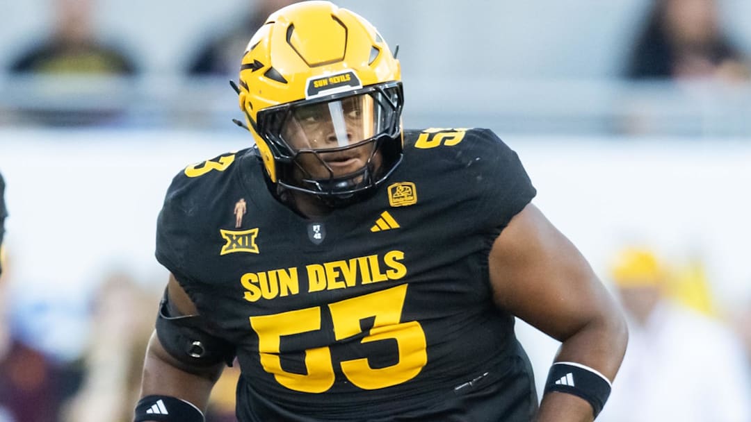 Oct 25, 2025; Tempe, Arizona, USA; Arizona State Sun Devils offensive lineman Josh Atkins (53) against the Houston Cougars at Mountain America Stadium. Mandatory Credit: Mark J. Rebilas-Imagn Images