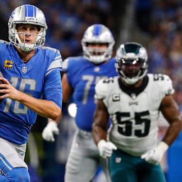 Detroit Lions quarterback Jared Goff runs against the Philadelphia Eagles during the second half at Ford Field on Sept. 11, 2022.