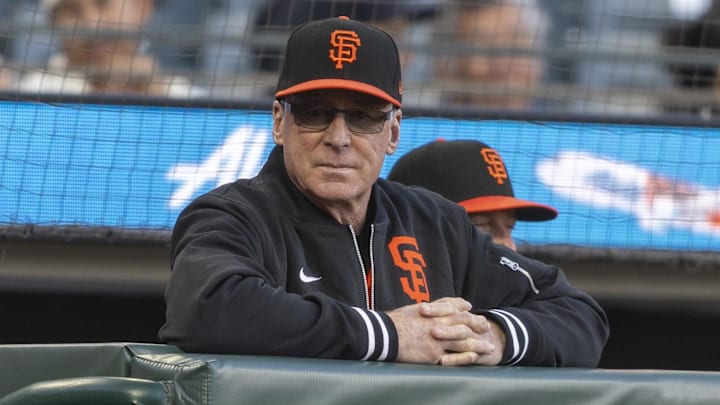 Aug 30, 2024; San Francisco, California, USA; San Francisco Giants manager Bob Melvin (6) watches before the game against the Miami Marlins at Oracle Park. Aug 30, 2024; San Francisco, California, USA; San Francisco Giants manager Bob Melvin (6) watches before the game against the Miami Marlins at Oracle Park.