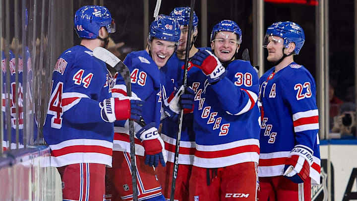 Apr 4, 2026; New York, New York, USA; New York Rangers right wing Jaroslav Chmelar (49) celebrates his goal against the Detroit Red Wings during the first period at Madison Square Garden.