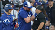 Blue Jays manager John Scneider wasn't happy after a delayed strike call from home plate umpire Mark Wegner
