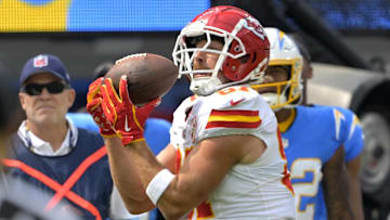 Sep 29, 2024; Inglewood, California, USA;  Kansas City Chiefs tight end Travis Kelce (87) catches a pass in the first half against the Los Angeles Chargers at SoFi Stadium. Mandatory Credit: Jayne Kamin-Oncea-Imagn Images
