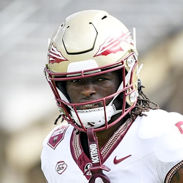 Apr 20, 2024; Tallahassee, Florida, USA; Florida State Seminoles wide receiver Hykeem Williams (8) during the Spring Showcase at Doak S. Campbell Stadium. Mandatory Credit: Melina Myers-Imagn Images