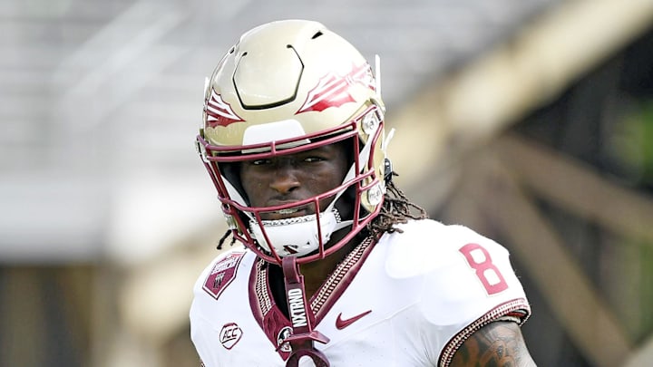 Apr 20, 2024; Tallahassee, Florida, USA; Florida State Seminoles wide receiver Hykeem Williams (8) during the Spring Showcase at Doak S. Campbell Stadium. Mandatory Credit: Melina Myers-Imagn Images