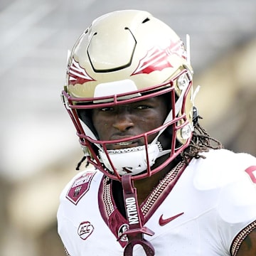 Apr 20, 2024; Tallahassee, Florida, USA; Florida State Seminoles wide receiver Hykeem Williams (8) during the Spring Showcase at Doak S. Campbell Stadium. Mandatory Credit: Melina Myers-Imagn Images