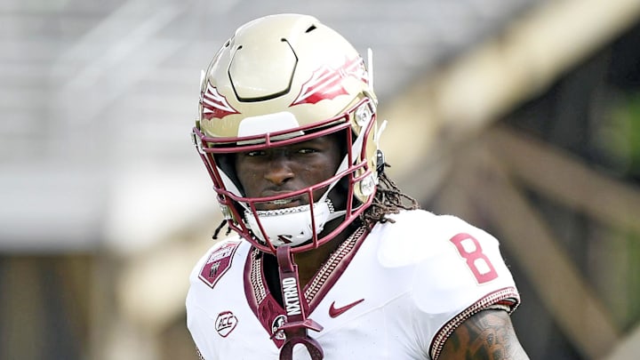 Apr 20, 2024; Tallahassee, Florida, USA; Florida State Seminoles wide receiver Hykeem Williams (8) during the Spring Showcase at Doak S. Campbell Stadium. Mandatory Credit: Melina Myers-Imagn Images