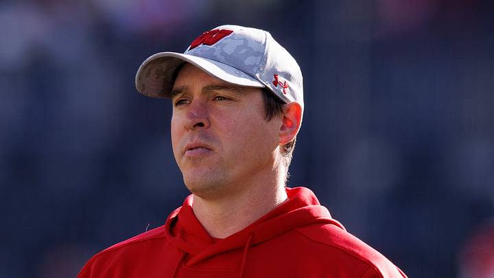 Nov 26, 2022; Madison, Wisconsin, USA;  Wisconsin Badgers head coach Jim Leonhard prior to the game against the Minnesota Golden Gophers at Camp Randall Stadium. Mandatory Credit: Jeff Hanisch-USA TODAY Sports