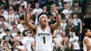 Michigan State's Jeremy Fears Jr. celebrates after a play against Iowa during the first half on Tuesday, Dec. 2, 2025, at the Breslin Center in East Lansing.