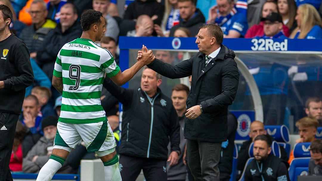 4th May 2025; Ibrox Stadium, Glasgow, Scotland; Scottish Premiership Football, Rangers versus Celtic; Celtic Manager Brendan Rodgers greets Adam Idah of Celtic as he is substituted off. 4th May 2025; Ibrox Stadium, Glasgow, Scotland; Scottish Premiership Football, Rangers versus Celtic; Celtic Manager Brendan Rodgers greets Adam Idah of Celtic as he is substituted off.