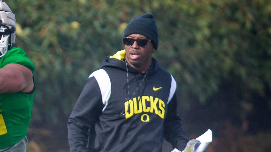 New co-defensive coordinator and safeties coach Chris Hampton, right, joins the first practice of spring for Oregon football as they prepare for the 2023 season. New co-defensive coordinator and safeties coach Chris Hampton, right, joins the first practice of spring for Oregon football as they prepare for the 2023 season.