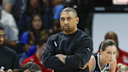 Sep 11, 2025; Chicago, Illinois, USA; Chicago Sky head coach Tyler Marsh walks on the sidelines during the second half at Wintrust Arena. Mandatory Credit: Kamil Krzaczynski-Imagn Images