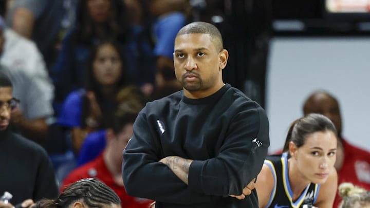 Sep 11, 2025; Chicago, Illinois, USA; Chicago Sky head coach Tyler Marsh walks on the sidelines during the second half at Wintrust Arena. Mandatory Credit: Kamil Krzaczynski-Imagn Images Sep 11, 2025; Chicago, Illinois, USA; Chicago Sky head coach Tyler Marsh walks on the sidelines during the second half at Wintrust Arena. Mandatory Credit: Kamil Krzaczynski-Imagn Images