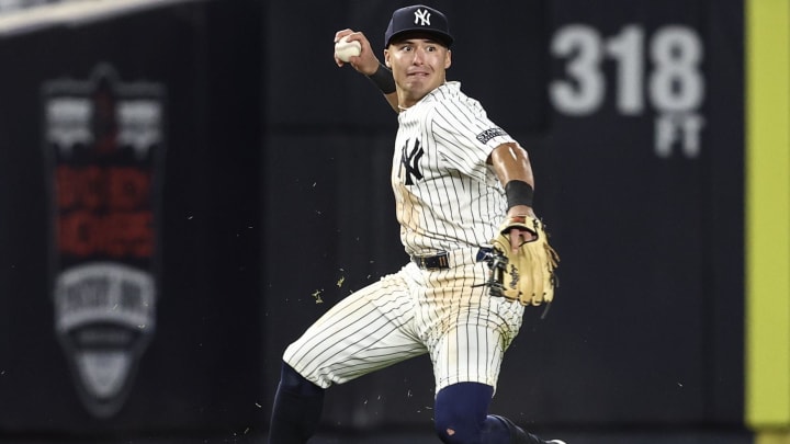 Apr 6, 2024; Bronx, New York, USA; New York Yankees shortstop Anthony Volpe (11) throws to second Apr 6, 2024; Bronx, New York, USA; New York Yankees shortstop Anthony Volpe (11) throws to second