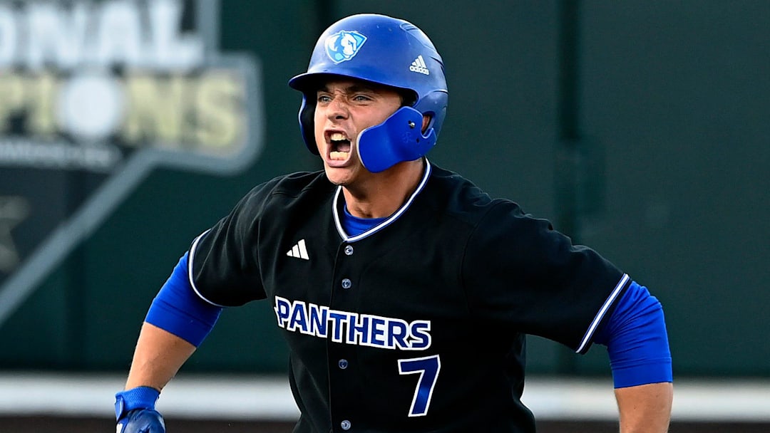 Eastern Illinois' Ryan Ignoffo (7) celebrates after hitting a double to left center field against Vanderbilt in the first inning of an NCAA college baseball tournament regional game Friday, June 2, 2023, in Nashville, Tenn.