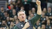 Michigan State Spartans head football coach Pat Fitzgerald addresses the crowd during a men's basketball game against the Iowa Hawkeyes on Tuesday, Dec. 2, 2025. Fitzgerald had been formally introduced earlier that day.