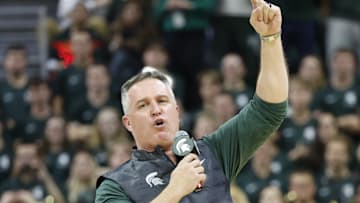 Michigan State Spartans head football coach Pat Fitzgerald addresses the crowd during a men's basketball game against the Iowa Hawkeyes on Tuesday, Dec. 2, 2025. Fitzgerald had been formally introduced earlier that day.