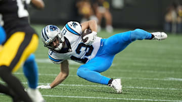 Aug 21, 2025; Charlotte, North Carolina, USA; Carolina Panthers wide receiver Hunter Renfrow (13) dives for the reception against the Pittsburgh Steelers during the first quarter at Bank of America Stadium. 
