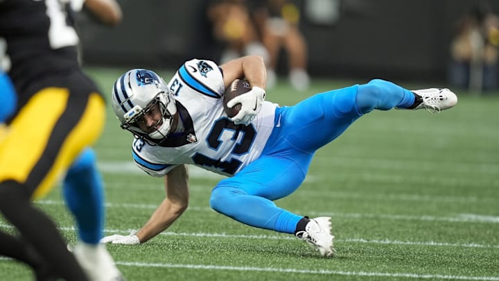 Aug 21, 2025; Charlotte, North Carolina, USA; Carolina Panthers wide receiver Hunter Renfrow (13) dives for the reception against the Pittsburgh Steelers during the first quarter at Bank of America Stadium. Aug 21, 2025; Charlotte, North Carolina, USA; Carolina Panthers wide receiver Hunter Renfrow (13) dives for the reception against the Pittsburgh Steelers during the first quarter at Bank of America Stadium.