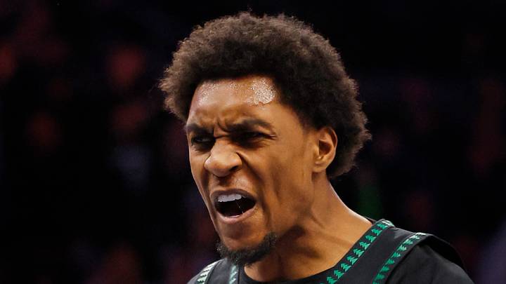 Dec 27, 2025; Minneapolis, Minnesota, USA; Minnesota Timberwolves forward Jaden McDaniels (3) celebrates his dunk against the Brooklyn Nets in the first quarter at Target Center. Mandatory Credit: Bruce Kluckhohn-Imagn Images