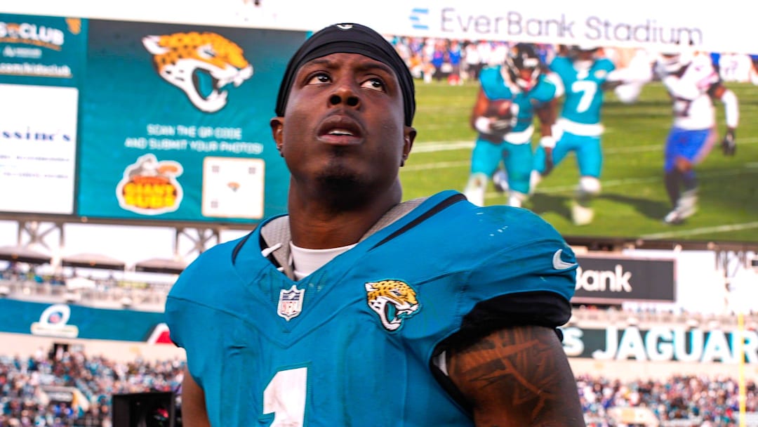 Jacksonville Jaguars running back Travis Etienne Jr. (1) walks off the field after losing to the Bills during an NFL football AFC Wild Card playoff matchup, Sunday, Jan. 11, 2026, in Jacksonville, Fla. Bills lead 10-7 at the half over the Jaguars. The Bills defeated the Jaguars 27-24. [Doug Engle/Florida Times-Union]