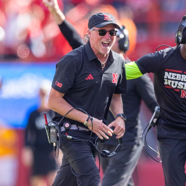 Nebraska offensive coordinator Dana Holgorsen reacts after the Huskers' Hail Mary touchdown against Michigan on Sep. 20, 2025