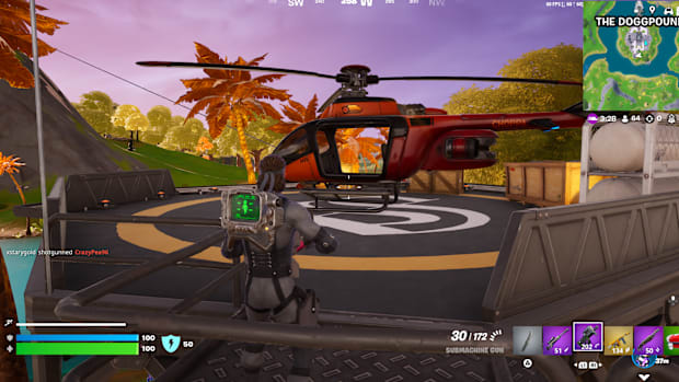 Fortnite screenshot showing a character looking at a helicopter