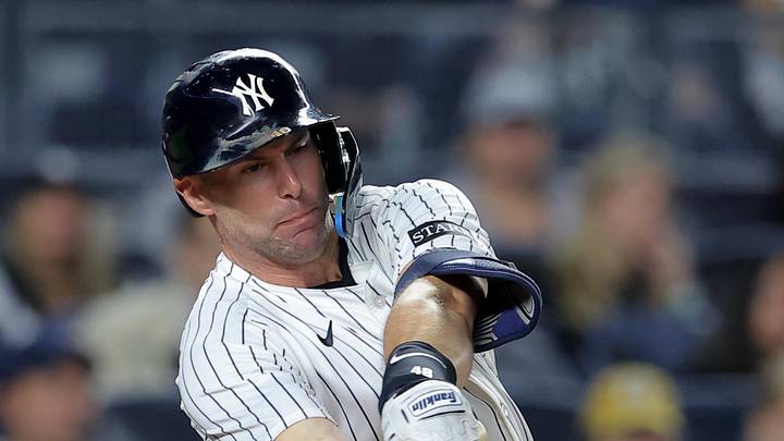 Sep 24, 2025; Bronx, New York, USA; New York Yankees first baseman Paul Goldschmidt (48) hits an RBI single during the third inning against the Chicago White Sox at Yankee Stadium. Mandatory Credit: Brad Penner-Imagn Images