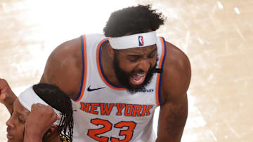 May 29, 2025; New York, New York, USA; Indiana Pacers center Myles Turner (33) and New York Knicks center Mitchell Robinson (23) react in the third quarter during game five of the eastern conference finals for the 2025 NBA Playoffs at Madison Square Garden. Mandatory Credit: Brad Penner-Imagn Images