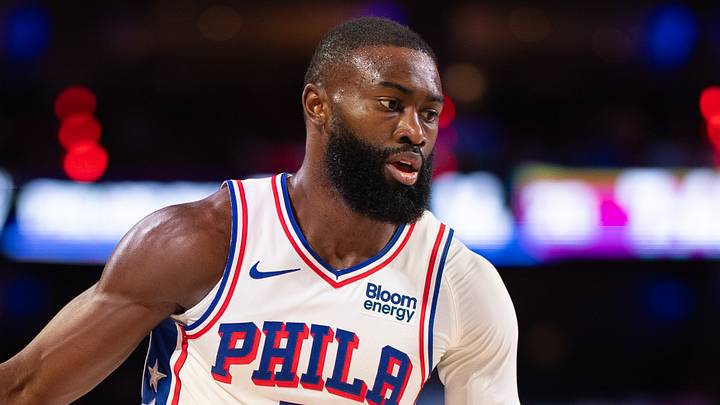 Oct 24, 2026; Philadelphia, Pennsylvania, USA; Philadelphia 76ers guard Jaylen Brown (7) controls the ball against the Milwaukee Bucks during the first quarter at Xfinity Mobile Arena. Mandatory Credit: Bill Streicher-Imagn Images