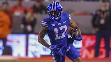 Nov 9, 2024; Salt Lake City, Utah, USA; Brigham Young Cougars wide receiver Keelan Marion (17) runs after a catch against the Utah Utes during the first quarter at Rice-Eccles Stadium. Mandatory Credit: Rob Gray-Imagn Images