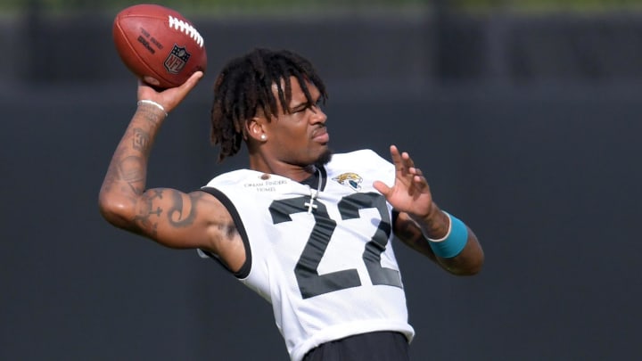 Jacksonville Jaguars cornerback Jarrian Jones (22) on the field during the second day of an NFL football training camp practice session Thursday, July 25, 2024 at EverBank StadiumÕs Miller Electric Center in Jacksonville, Fla.