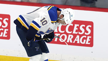May 4, 2025; Winnipeg, Manitoba, CAN; St. Louis Blues center Brayden Schenn (10) reacts to the team’s double overtime loss to the Winnipeg Jets in game seven of the first round of the 2025 Stanley Cup Playoffs at Canada Life Centre. Mandatory Credit: James Carey Lauder-Imagn Images