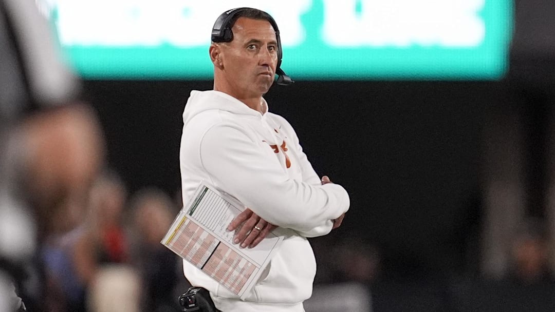 Texas Longhorns head coach Steve Sarkisian looks on in the first half against the Georgia Bulldogs  at Sanford Stadium. 