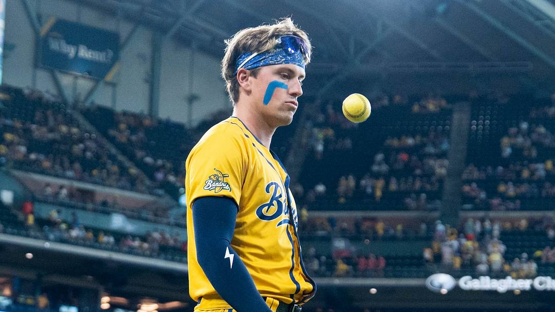 Savannah Bananas star Jackson Olson warms up before a game on Sept. 26, 2025.