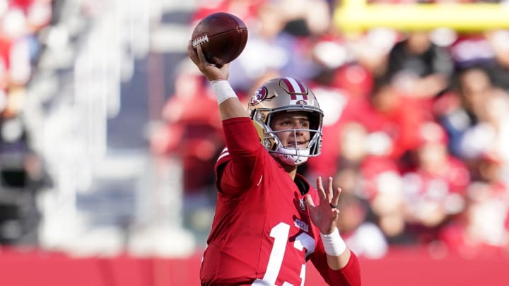 Aug 18, 2024; Santa Clara, California, USA; San Francisco 49ers quarterback Brock Purdy (13) throws a pass against the New Orleans Saints in the first quarter at Levi's Stadium. Mandatory Credit: Cary Edmondson-USA TODAY Sports